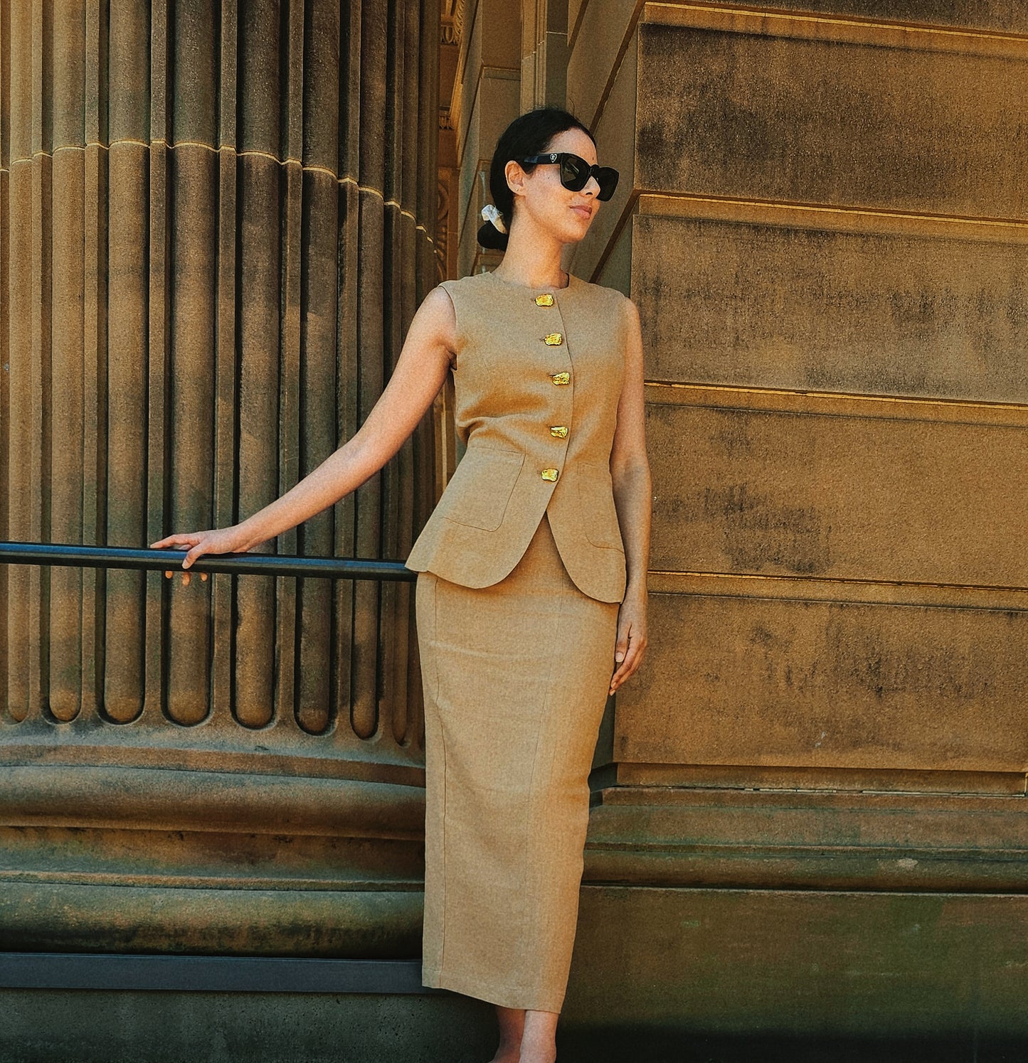 Two Piece Set Linen Round Neck Top Maxi Skirt - Beige