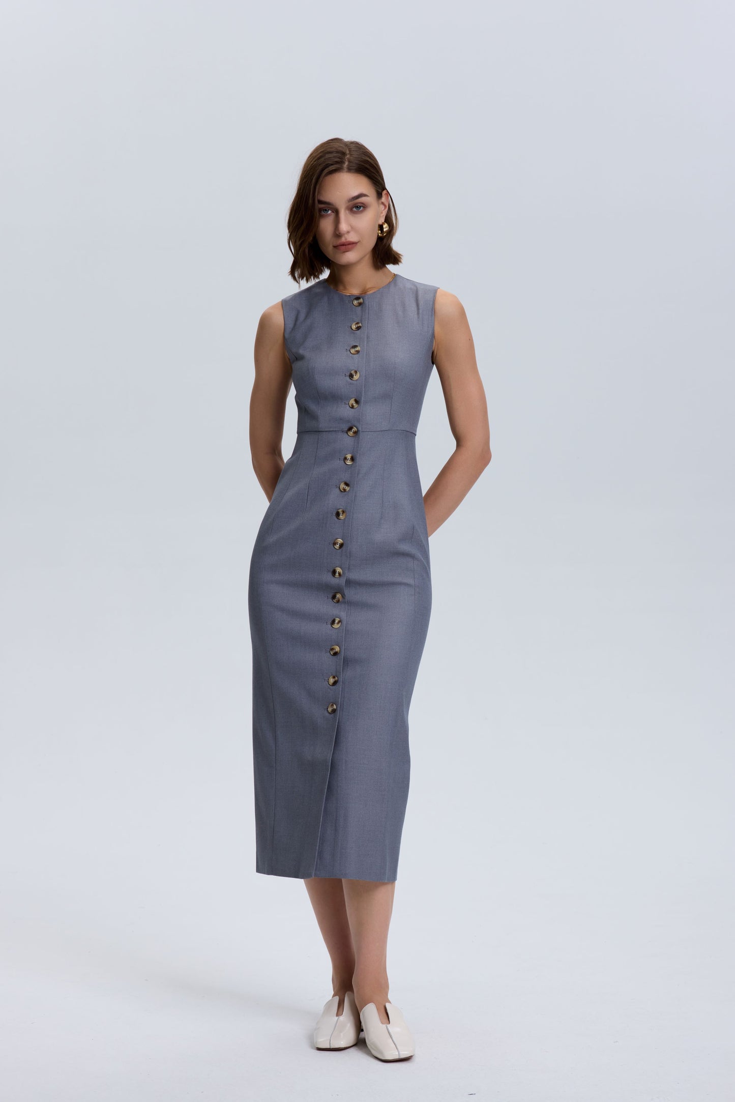 Grey Wool Blend Button Down Dress -Slim Fit