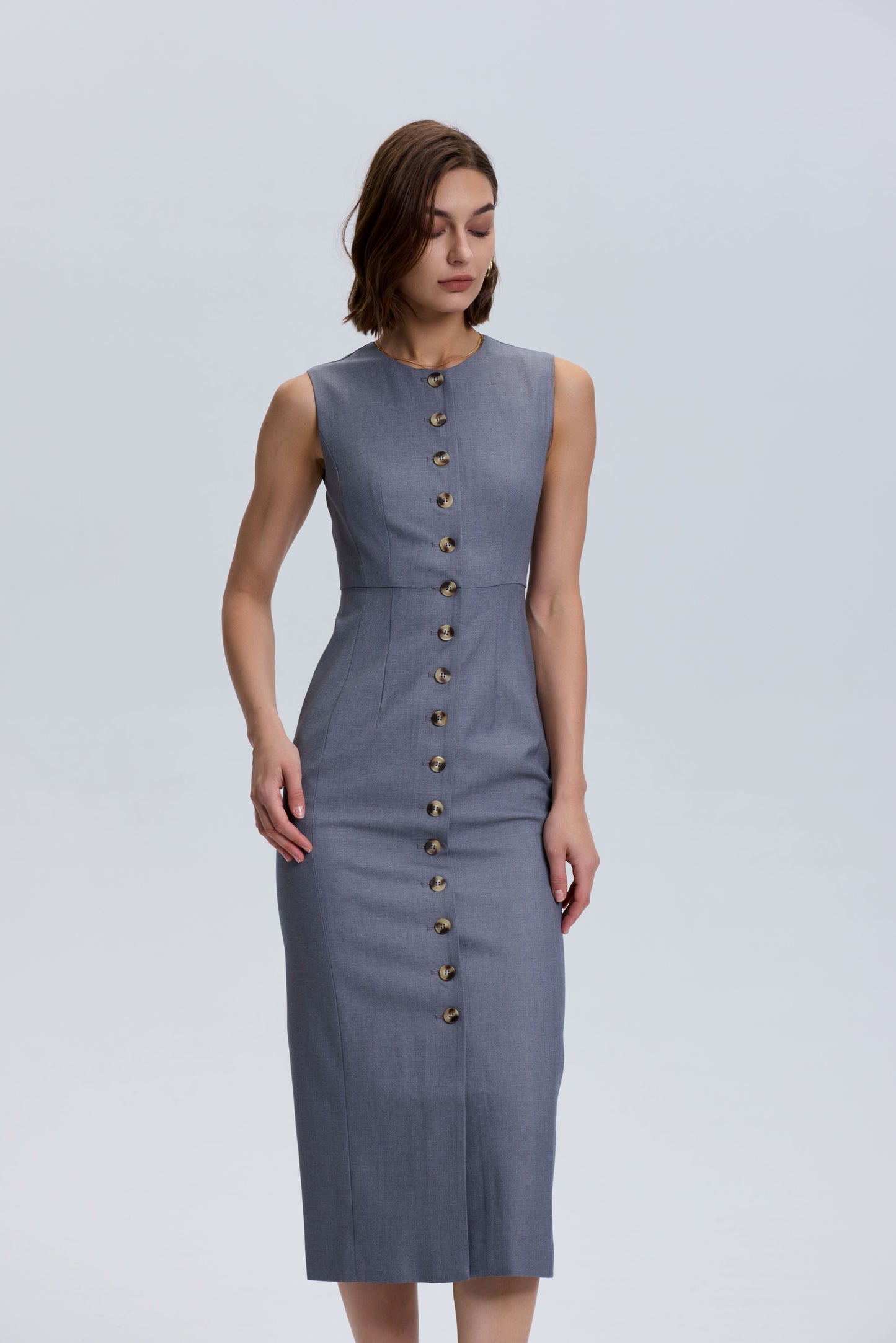 Grey Wool Blend Button Down Dress -Slim Fit