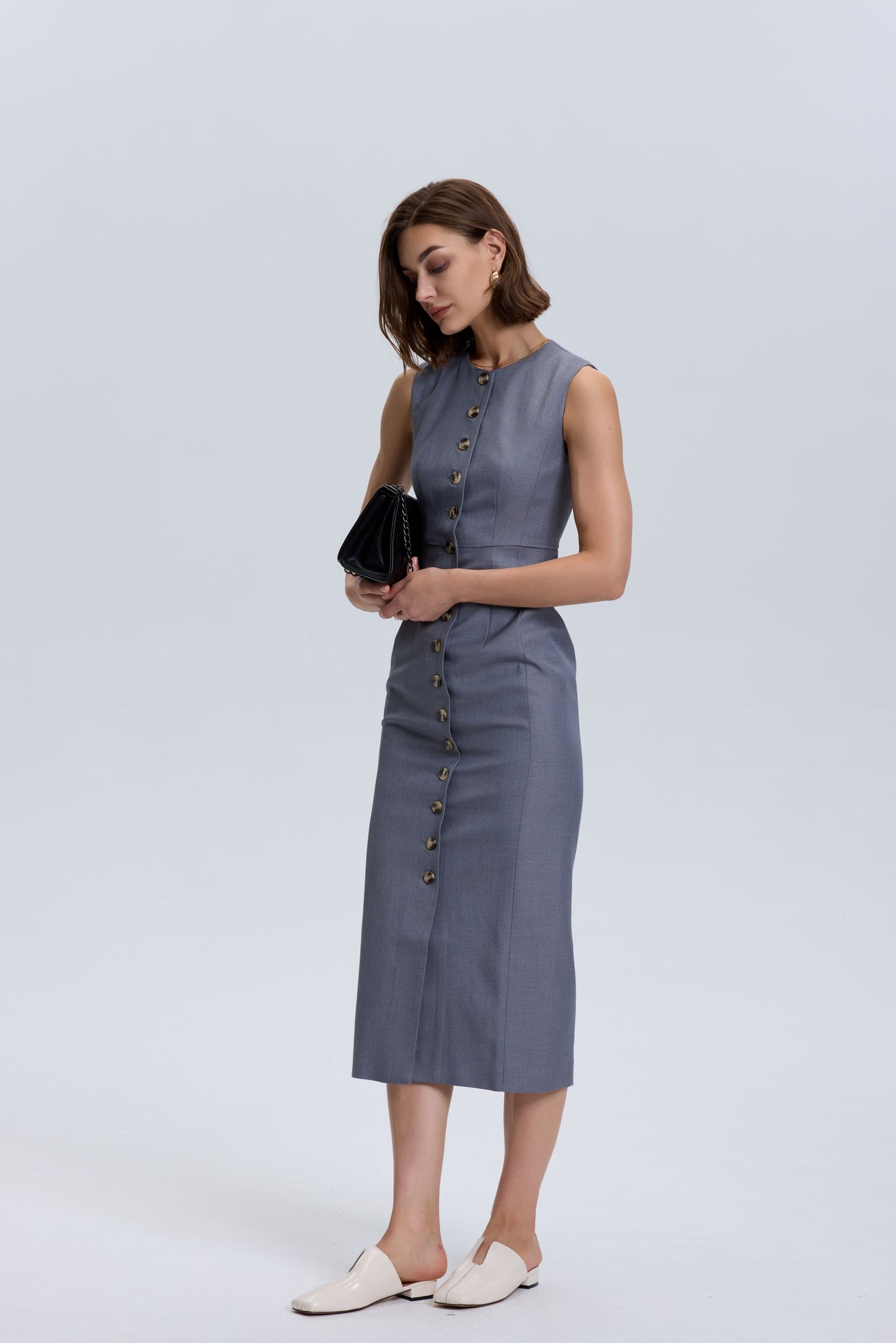 Grey Wool Blend Button Down Dress -Slim Fit