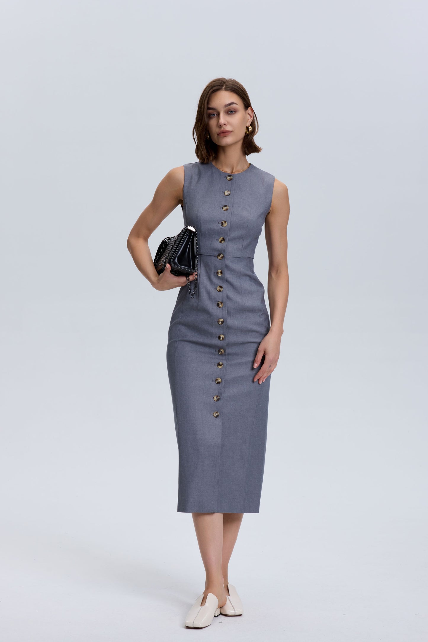 Grey Wool Blend Button Down Dress -Slim Fit