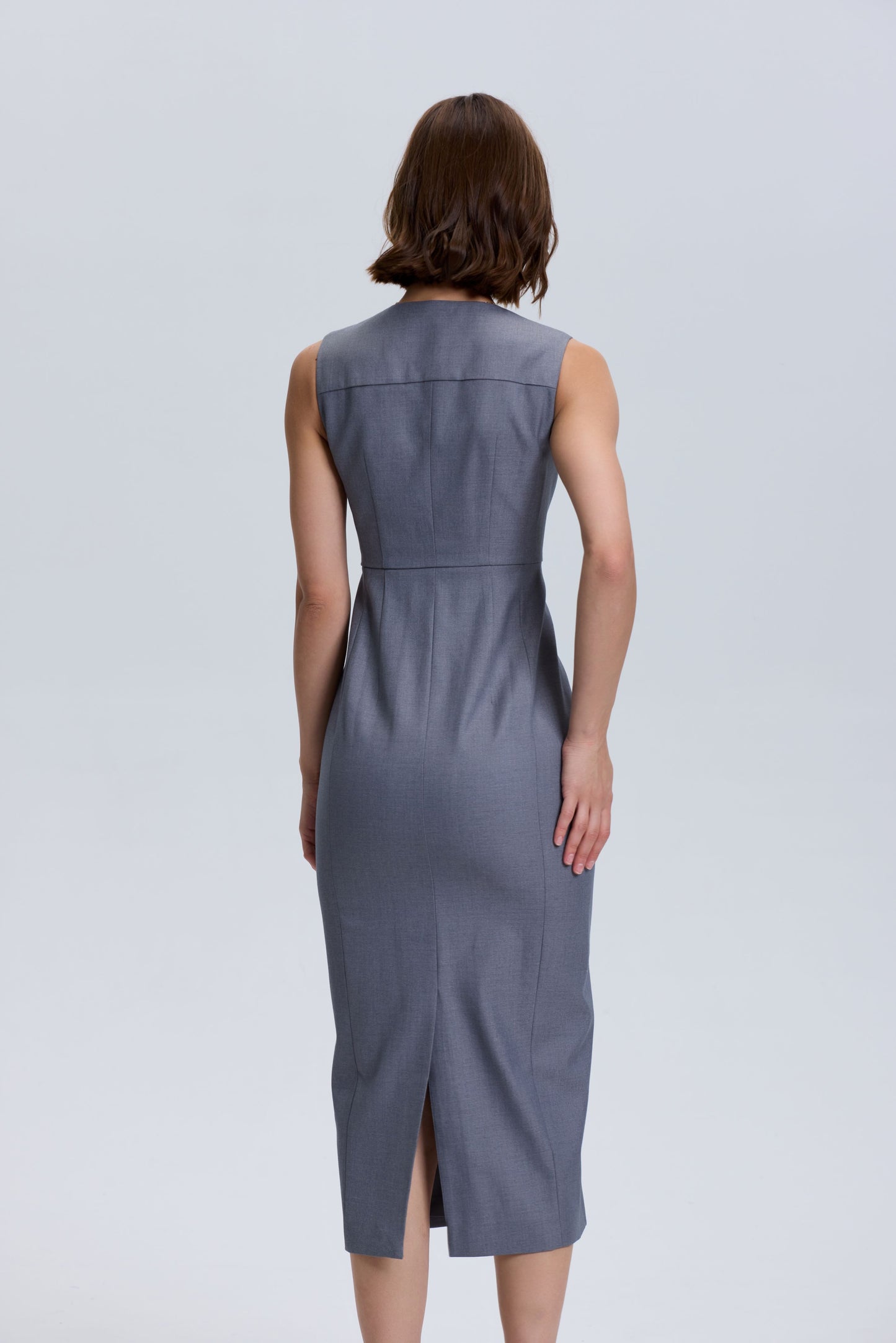 Grey Wool Blend Button Down Dress -Slim Fit