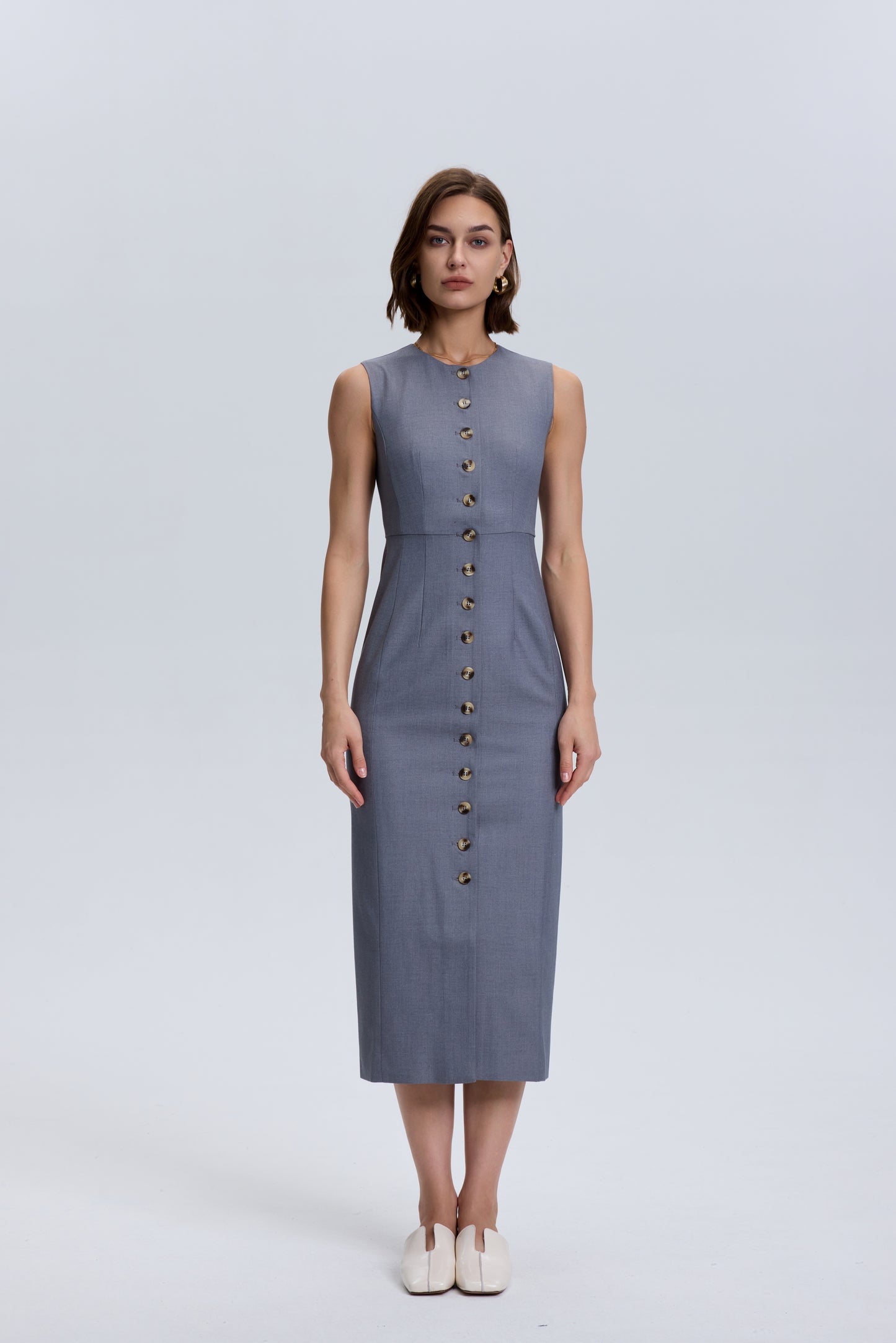 Grey Wool Blend Button Down Dress -Slim Fit