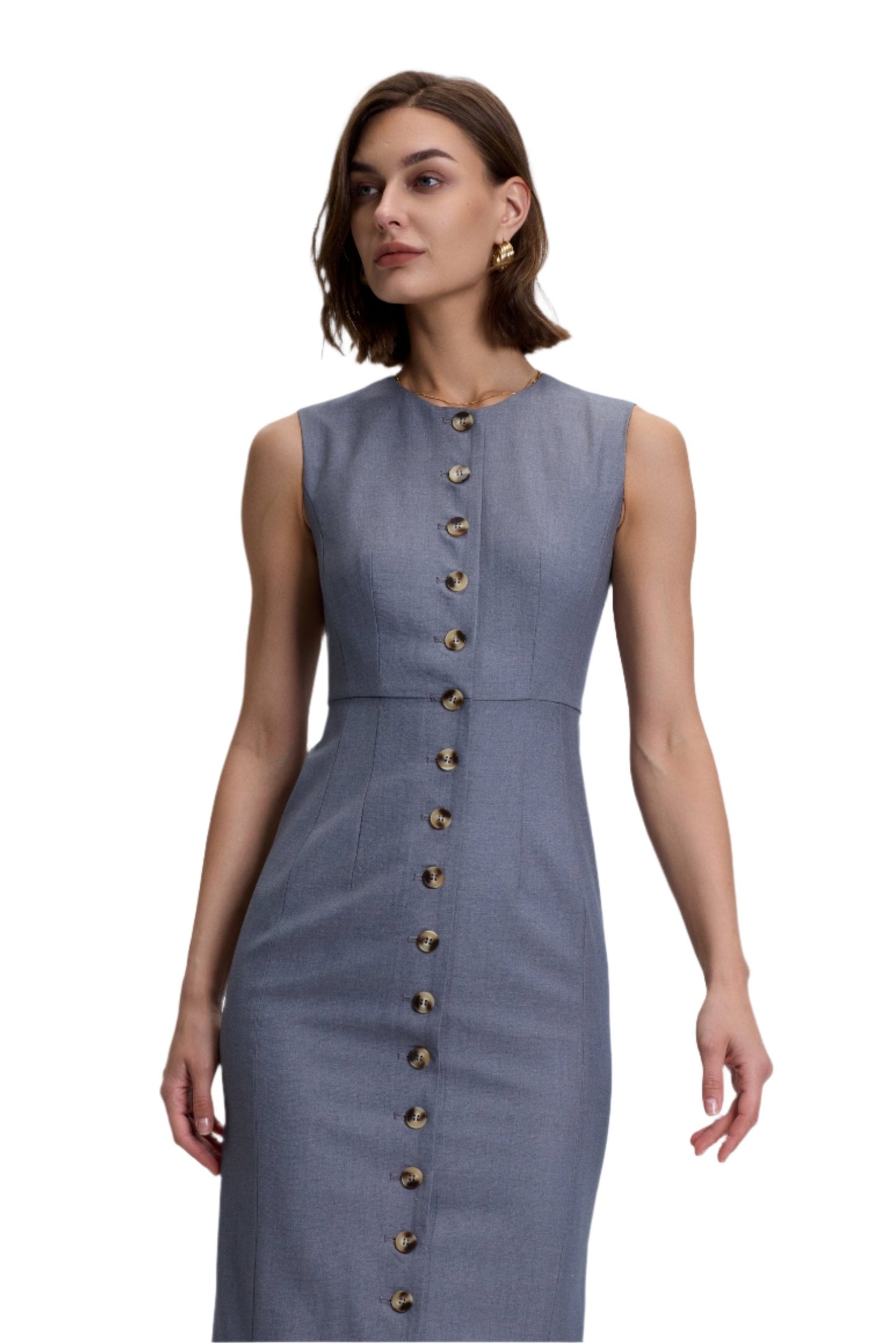 Grey Wool Blend Button Down Dress -Slim Fit