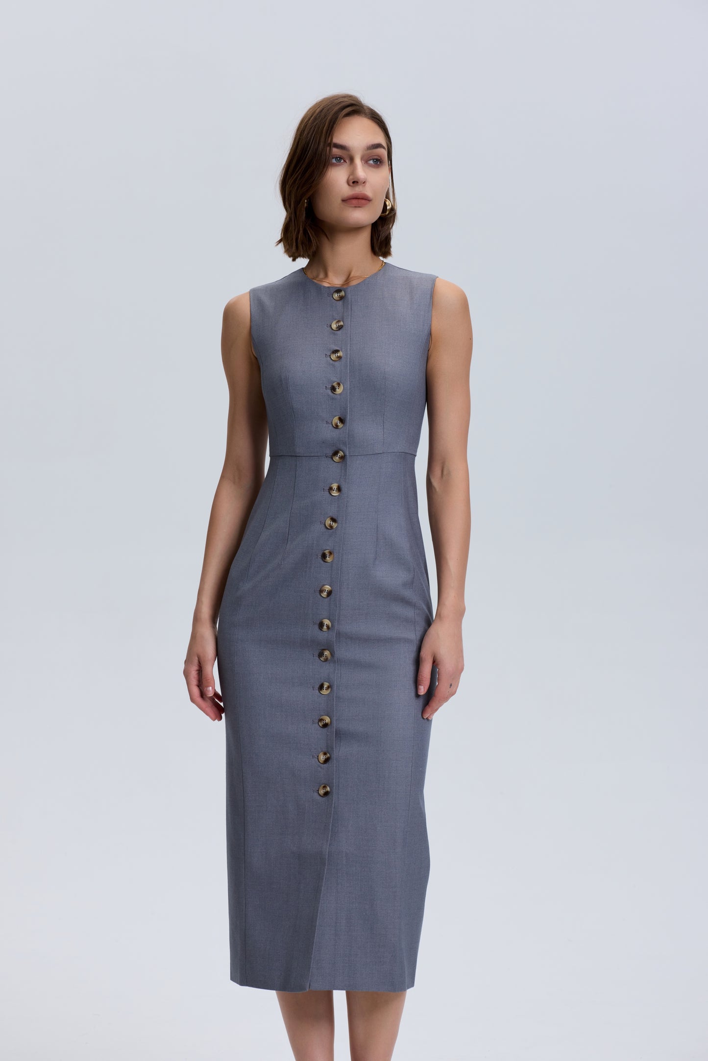 Grey Wool Blend Button Down Dress -Slim Fit