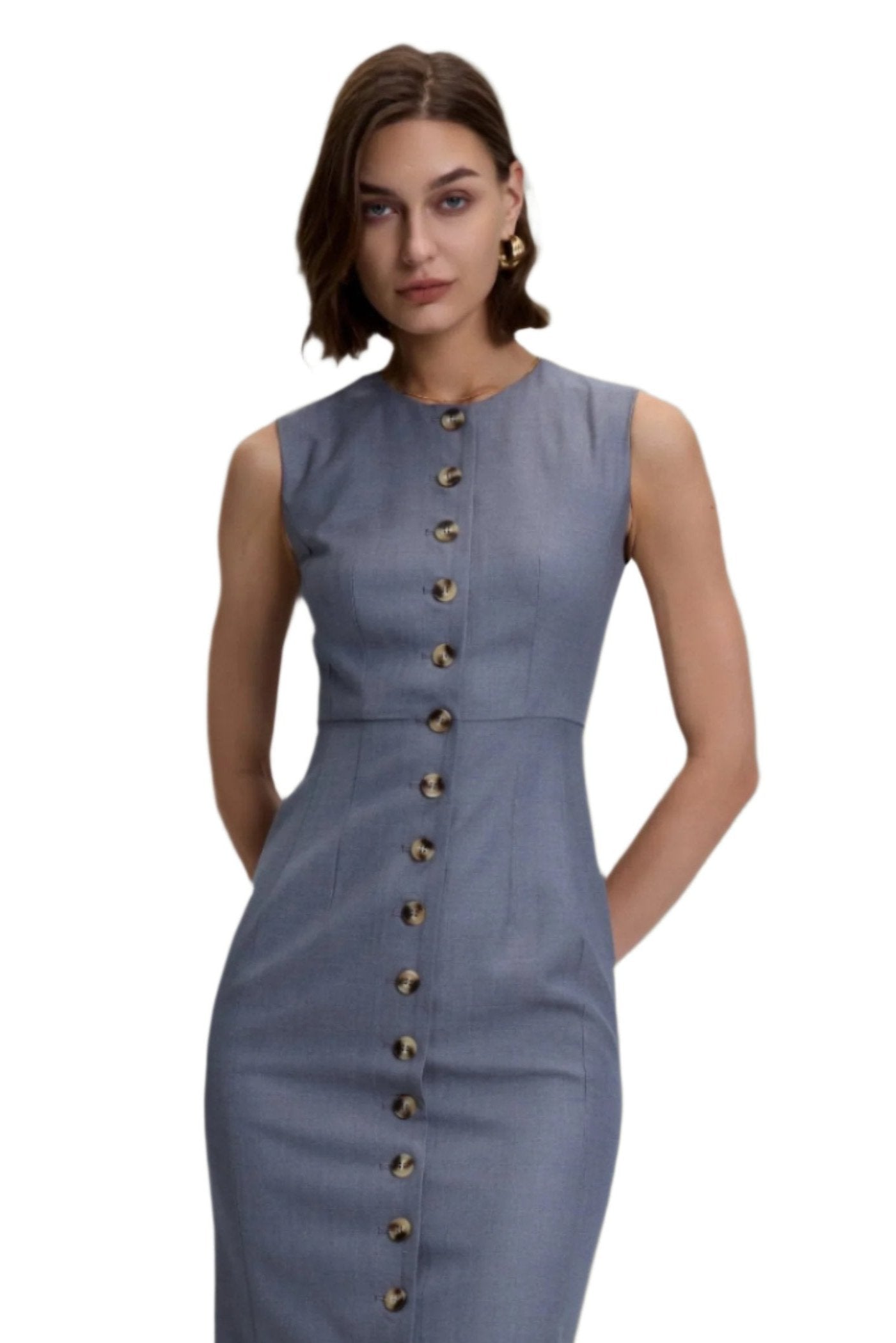 Grey Wool Blend Button Down Dress -Slim Fit