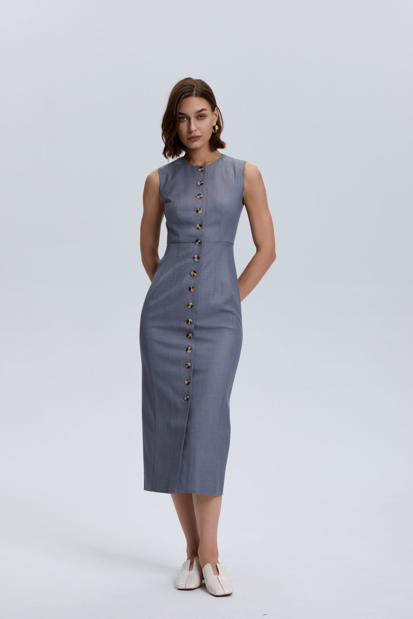 Grey Wool Blend Button Down Dress -Slim Fit