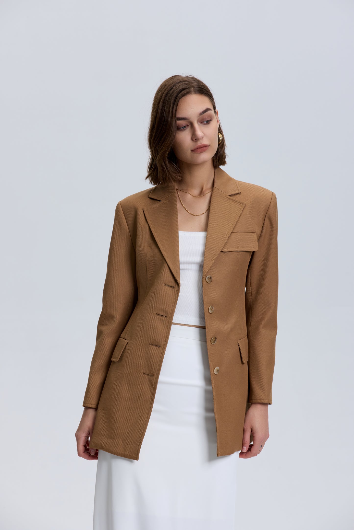 Button Down Tailored Wool Blazer_ Brown