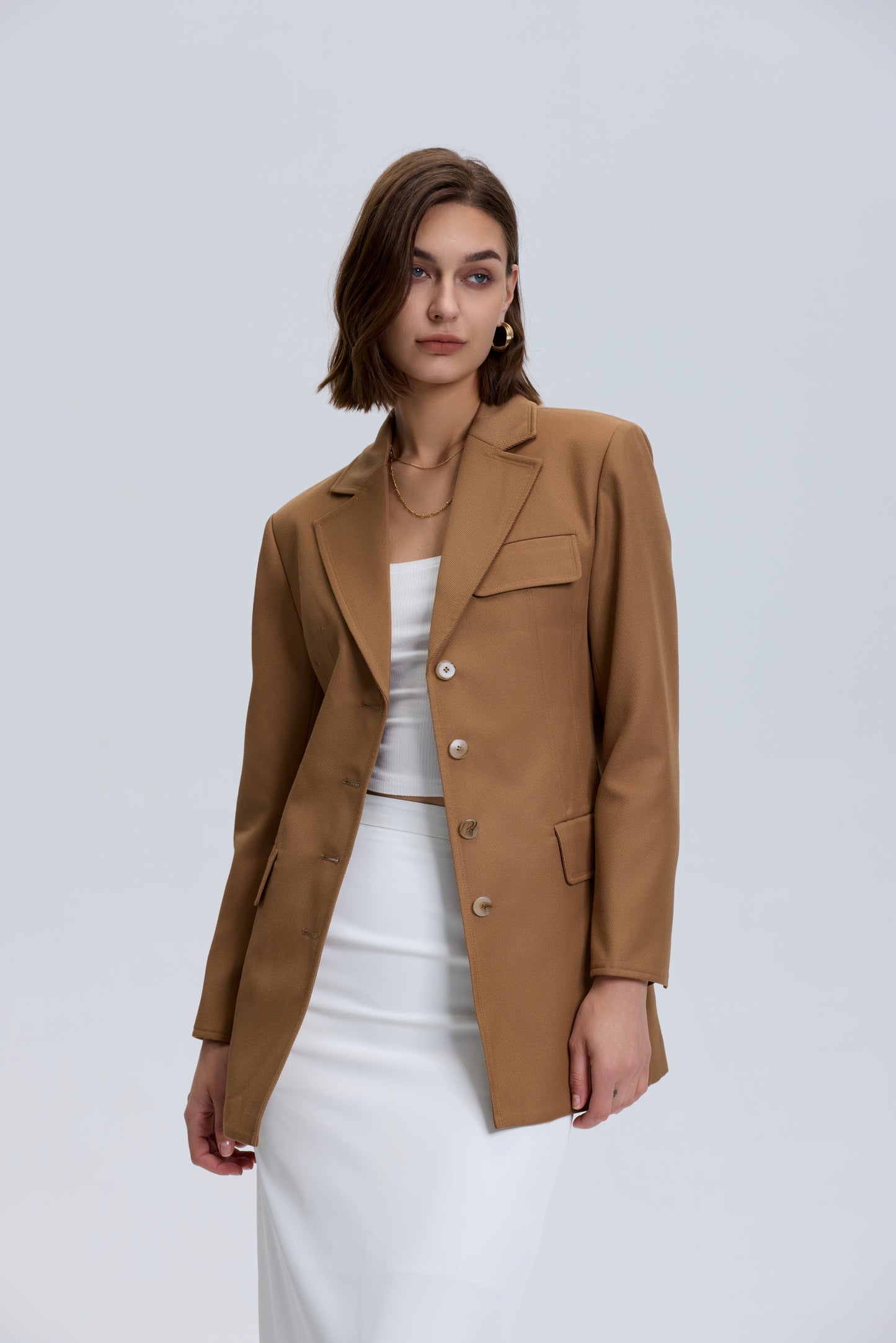 Button Down Tailored Wool Blazer_ Brown
