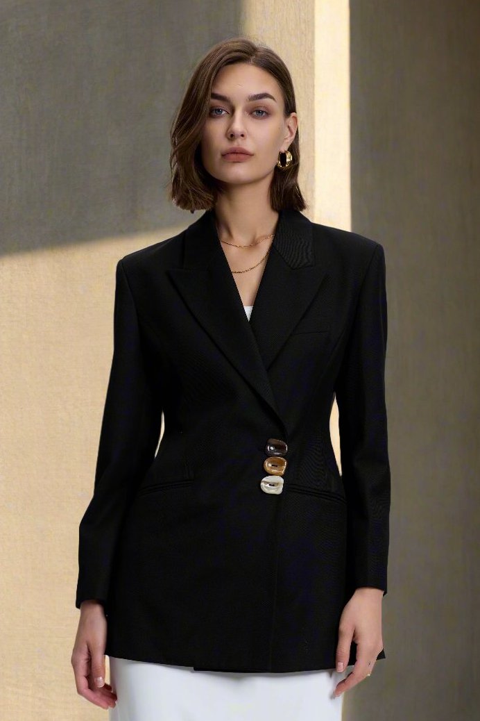 Gradient Buttons Tailored Wool Blazer_ Black