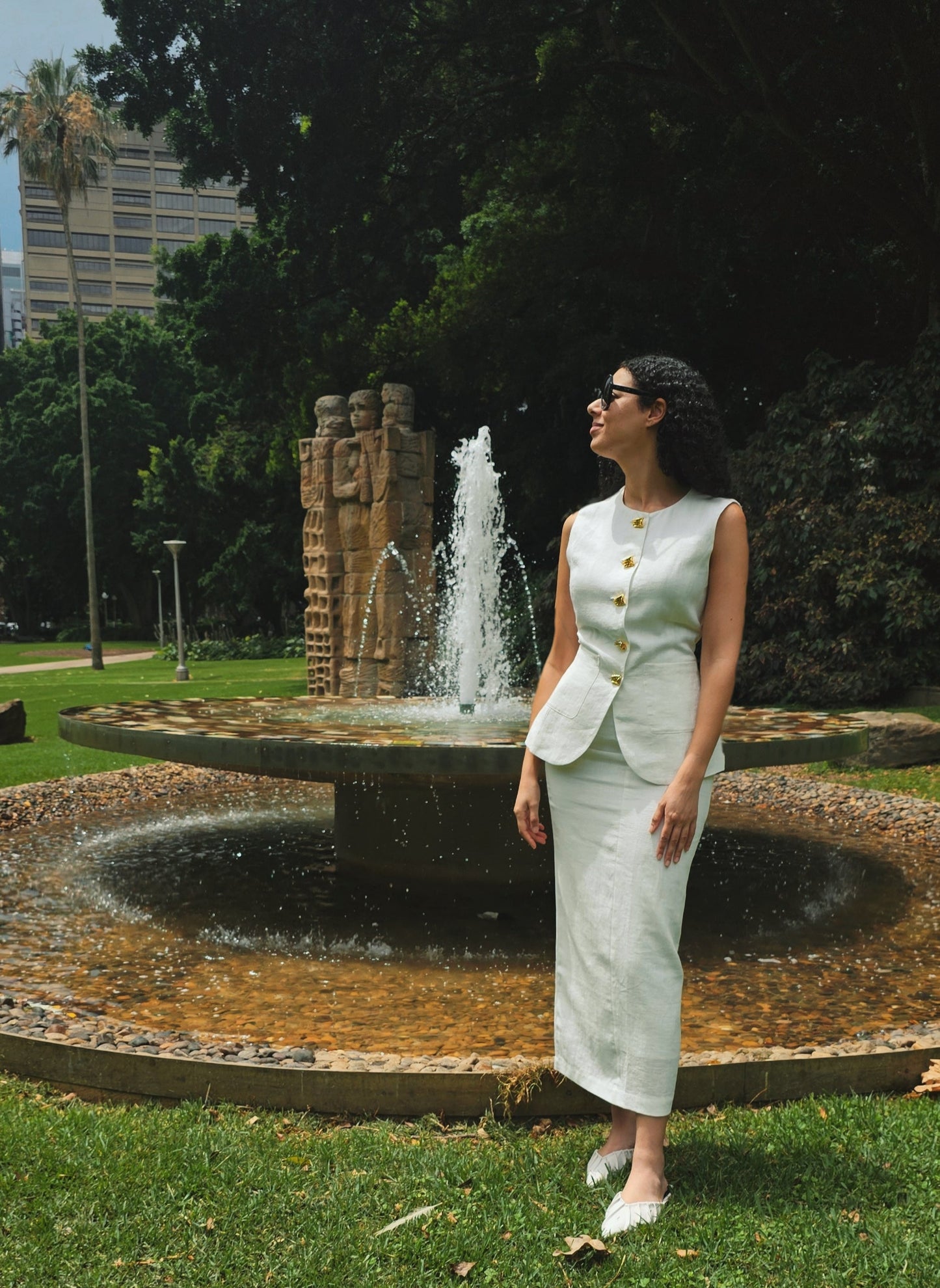 Two Piece Set Linen Round Neck Top Maxi Skirt - White