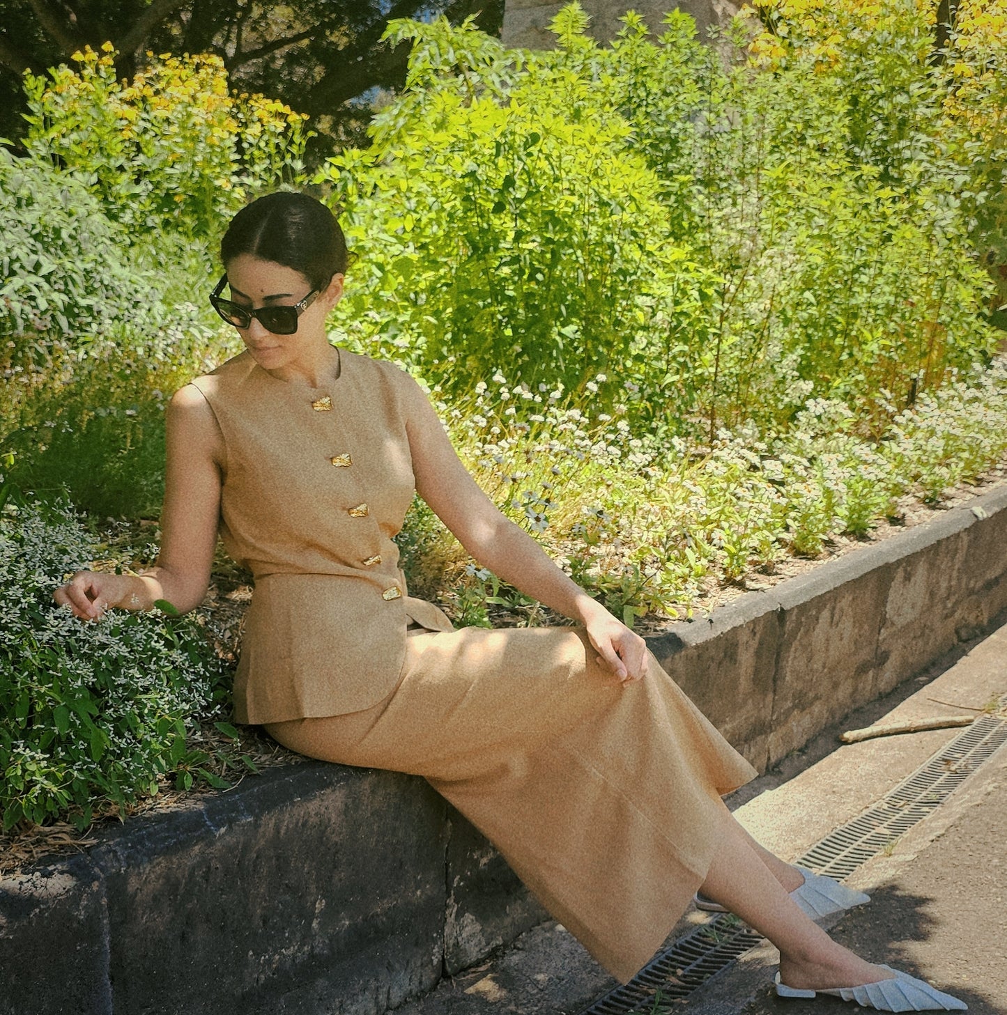 Two Piece Set Linen Round Neck Top Maxi Skirt - Beige