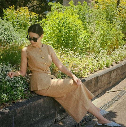 Two Piece Set Linen Round Neck Top Maxi Skirt - Beige