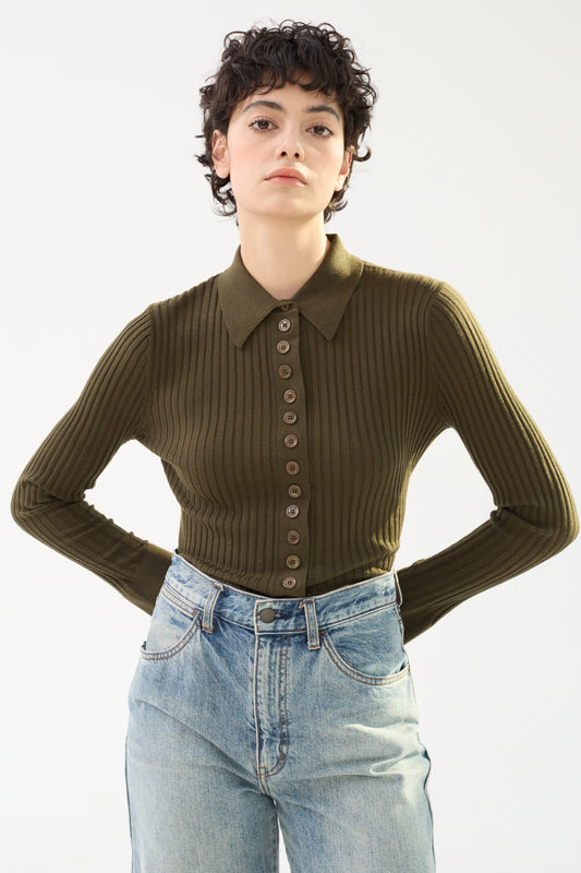 Fine Merino Wool Long Sleeve Knit Polo Shirt - Itch Free