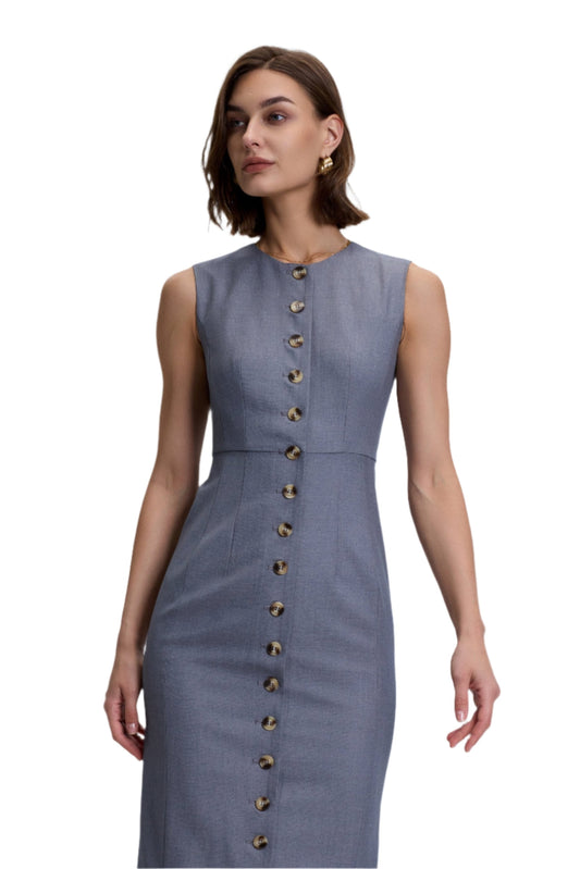 Grey Wool Blend Button Down Dress -Slim Fit