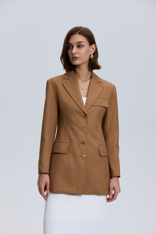 Button Down Tailored Wool Blazer_ Brown