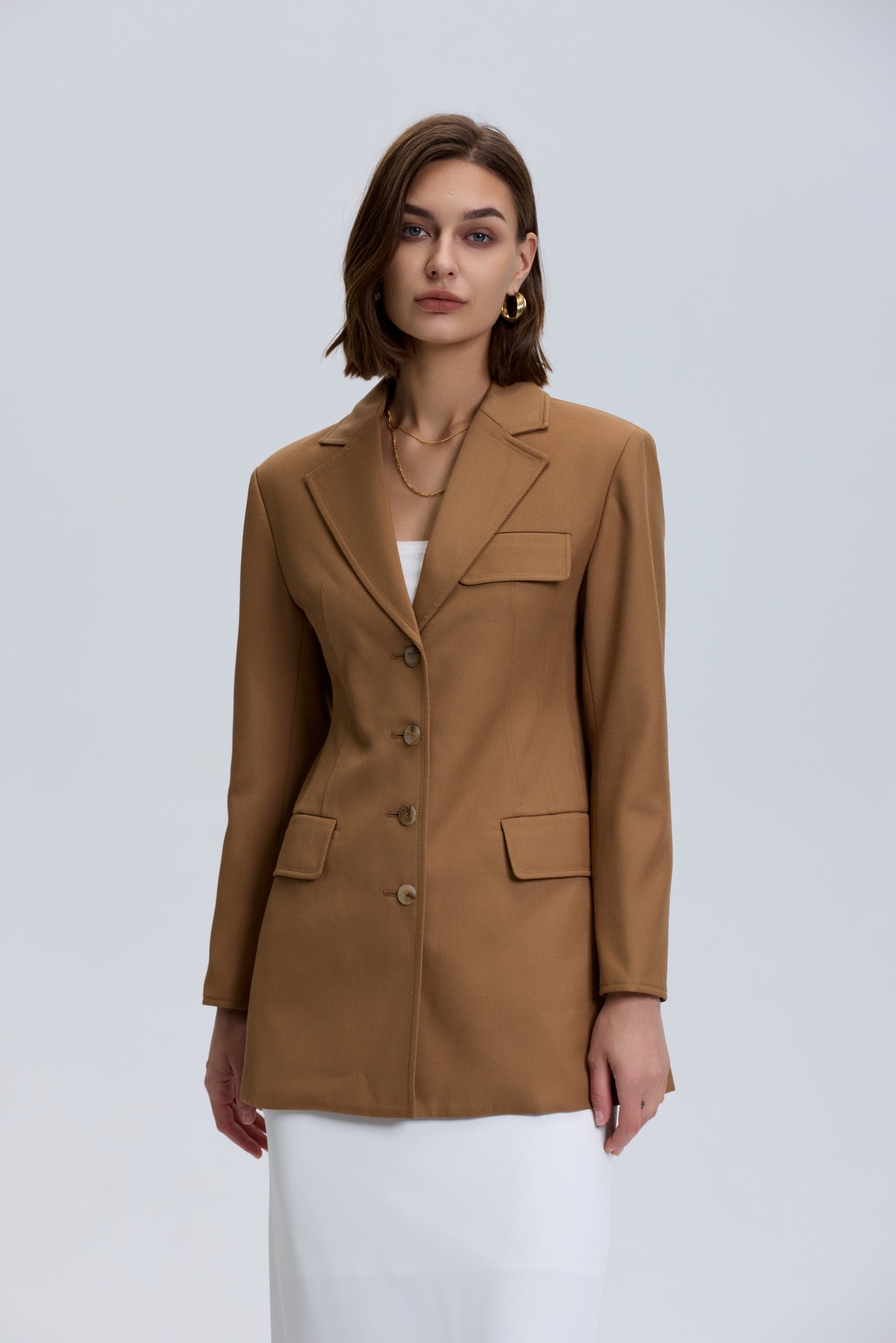 Button Down Tailored Wool Blazer_ Brown