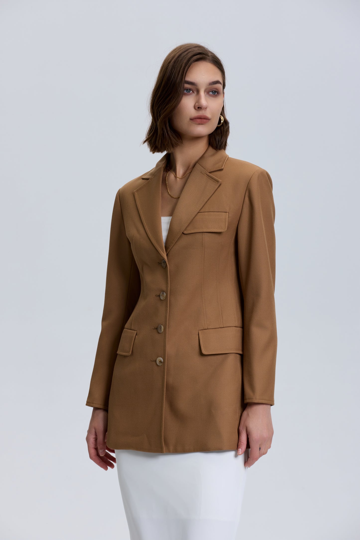 Button Down Tailored Wool Blazer_ Brown