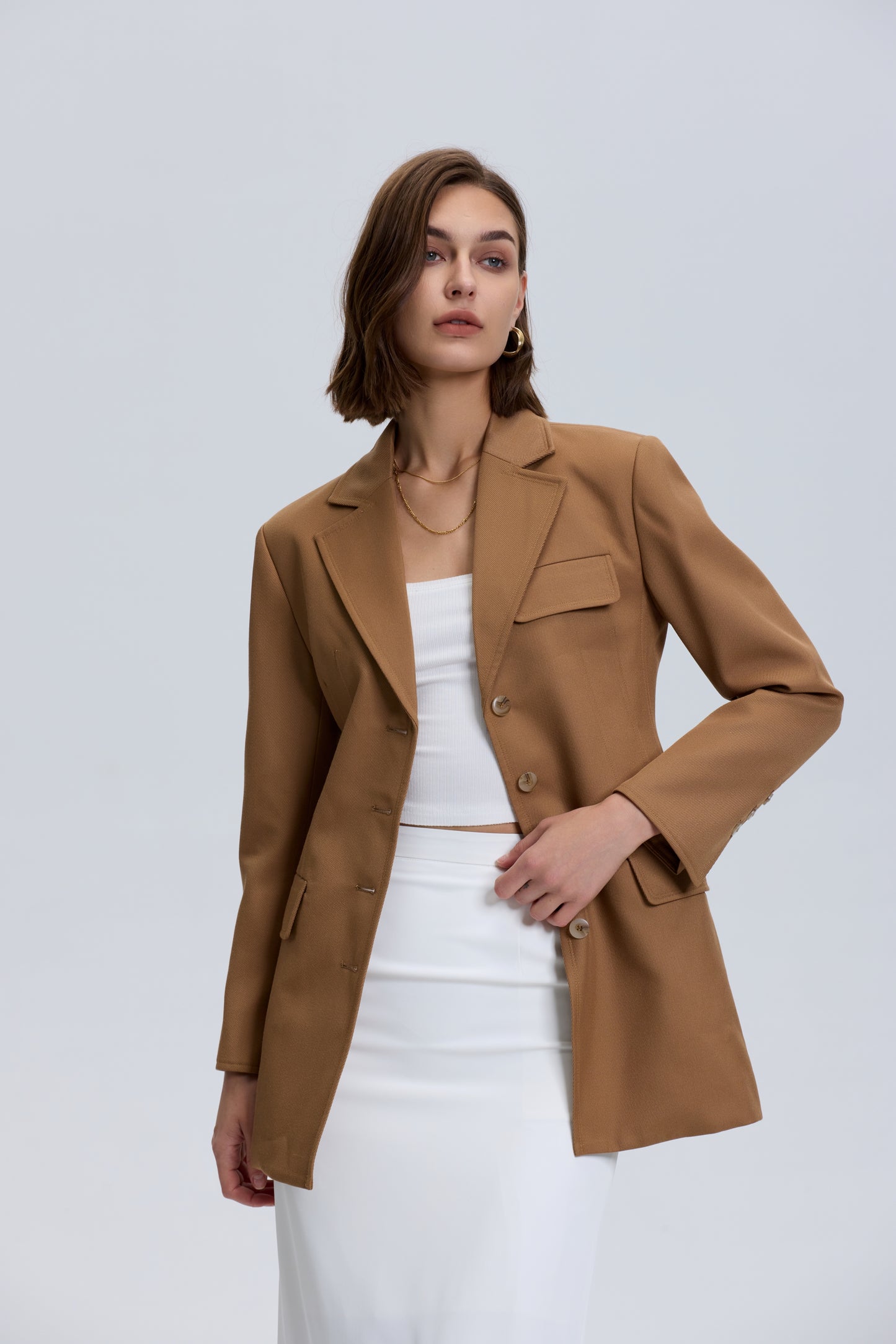 Button Down Tailored Wool Blazer_ Brown
