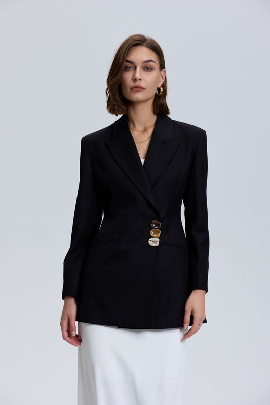 Gradient Buttons Tailored Wool Blazer_ Black