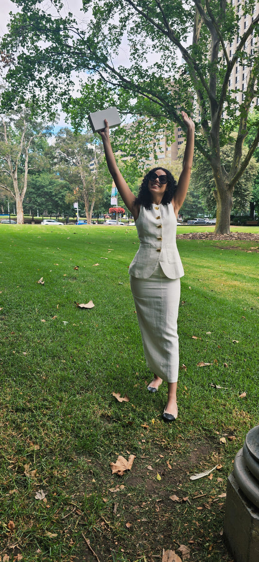 Two Piece Set Linen Round Neck Top Maxi Skirt - White